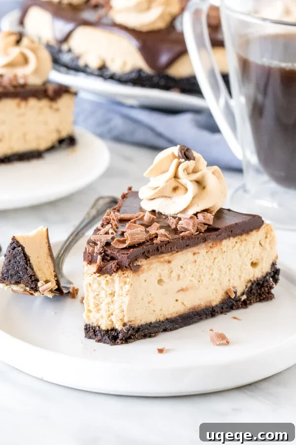 Decadent Coffee Cheesecake 5 Slice of coffee cheesecake with chocolate ganache on top on a plate with a bite taken out of it.
