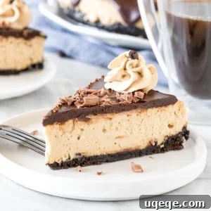 Slice of coffee cheesecake on a plate with a second piece of cheesecake and the rest of the cheesecake in the background.