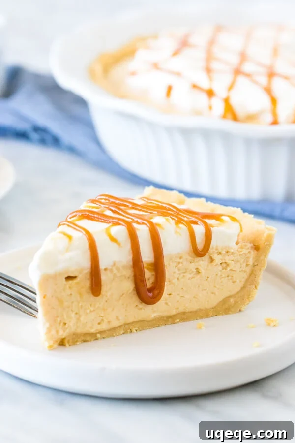 Golden Caramel Bliss Pie 2 A perfectly sliced no-bake salted caramel cream pie, topped with light whipped cream and a delicate caramel drizzle, ready to be enjoyed.