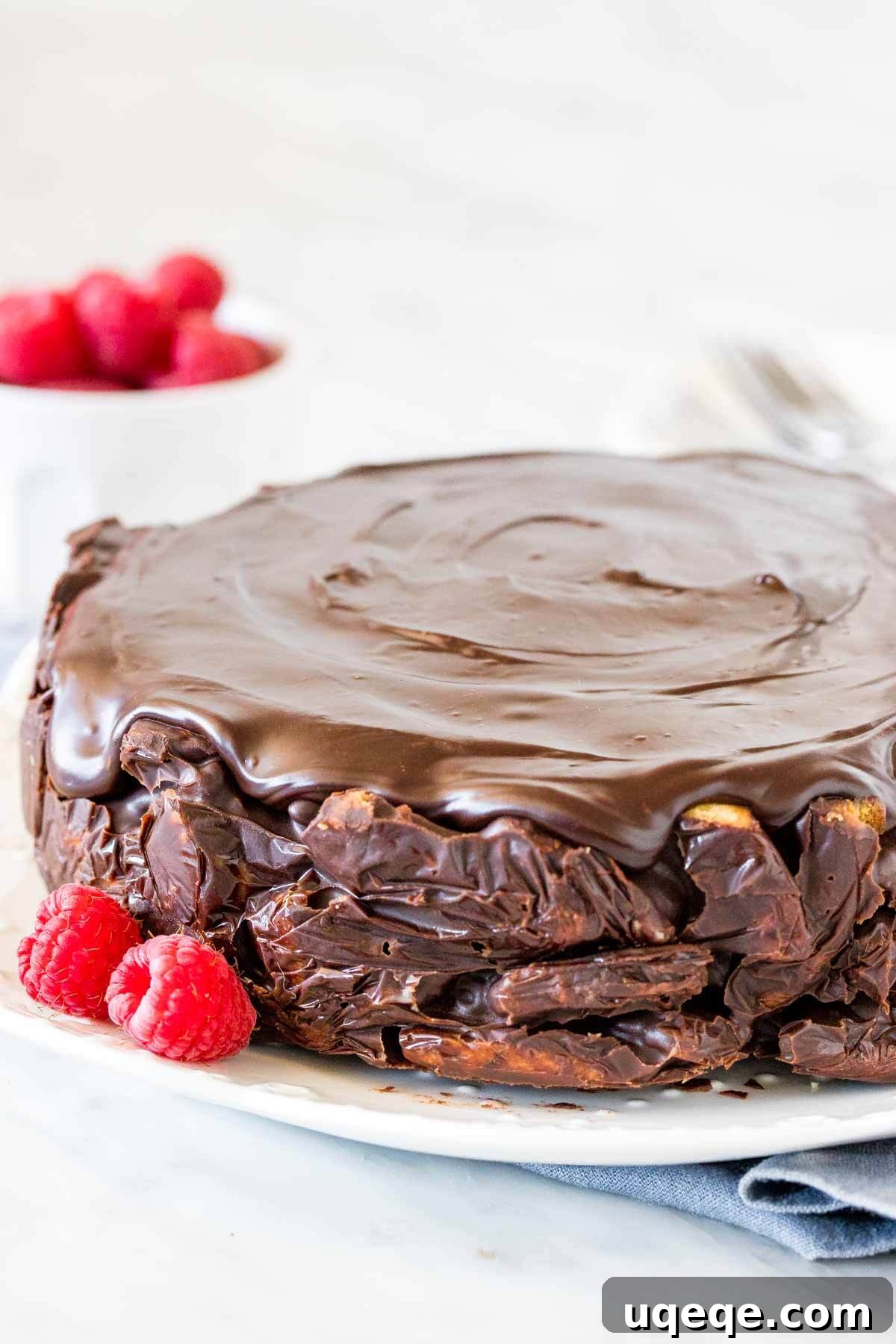 Decadent Chocolate Crunch Cake 4 A complete round chocolate biscuit cake, beautifully topped with a smooth chocolate ganache, ready to be served.