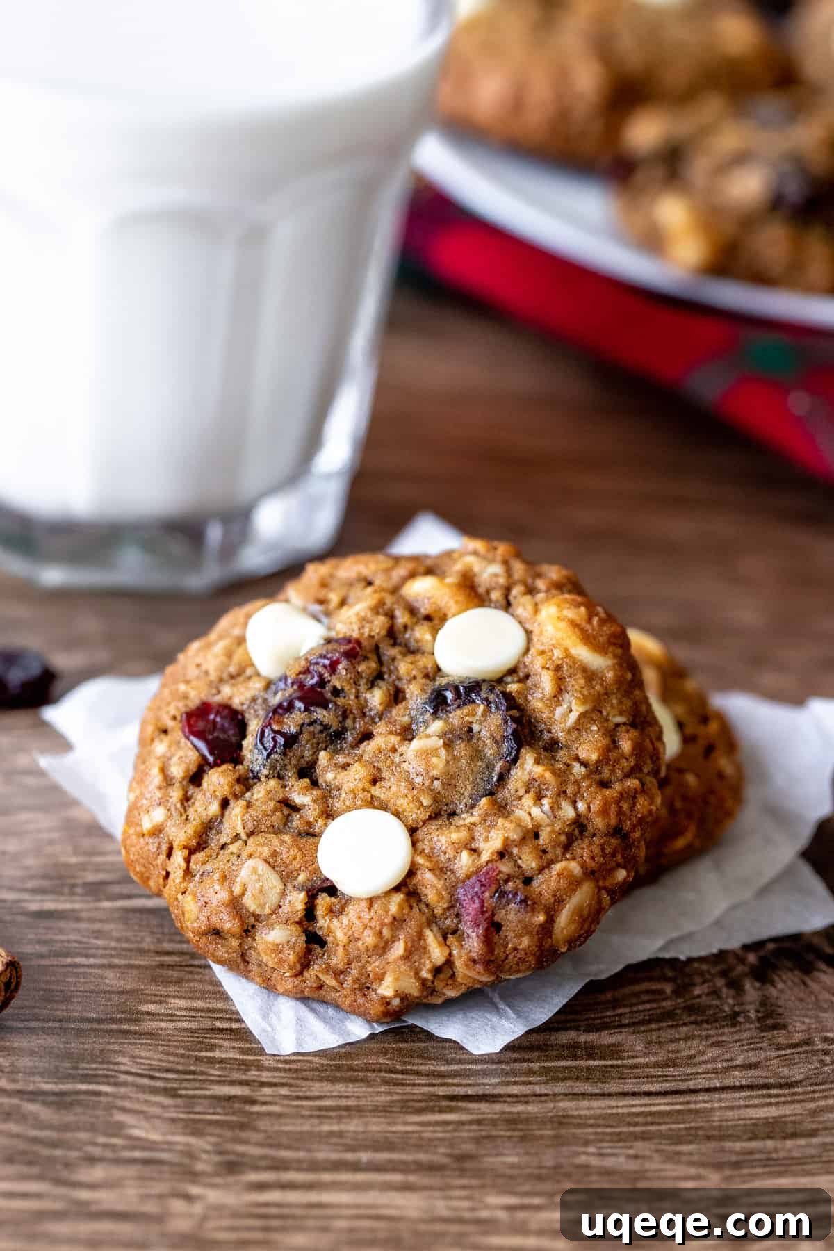 Chewy Cranberry White Chocolate Oat Cookies 2 White chocolate cranberry oatmeal cookies with glass of milk