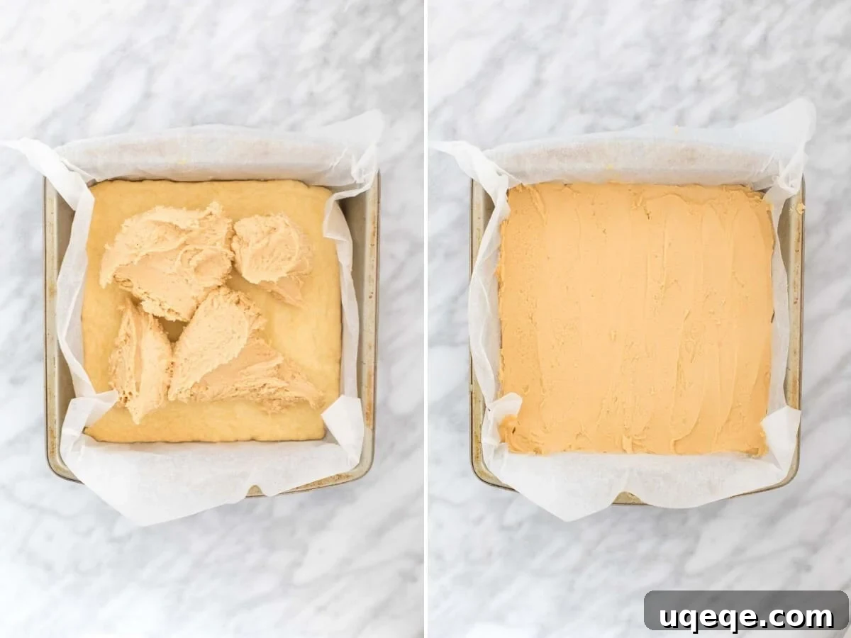Two photos demonstrating how to spread the peanut butter layer over the shortbread base.