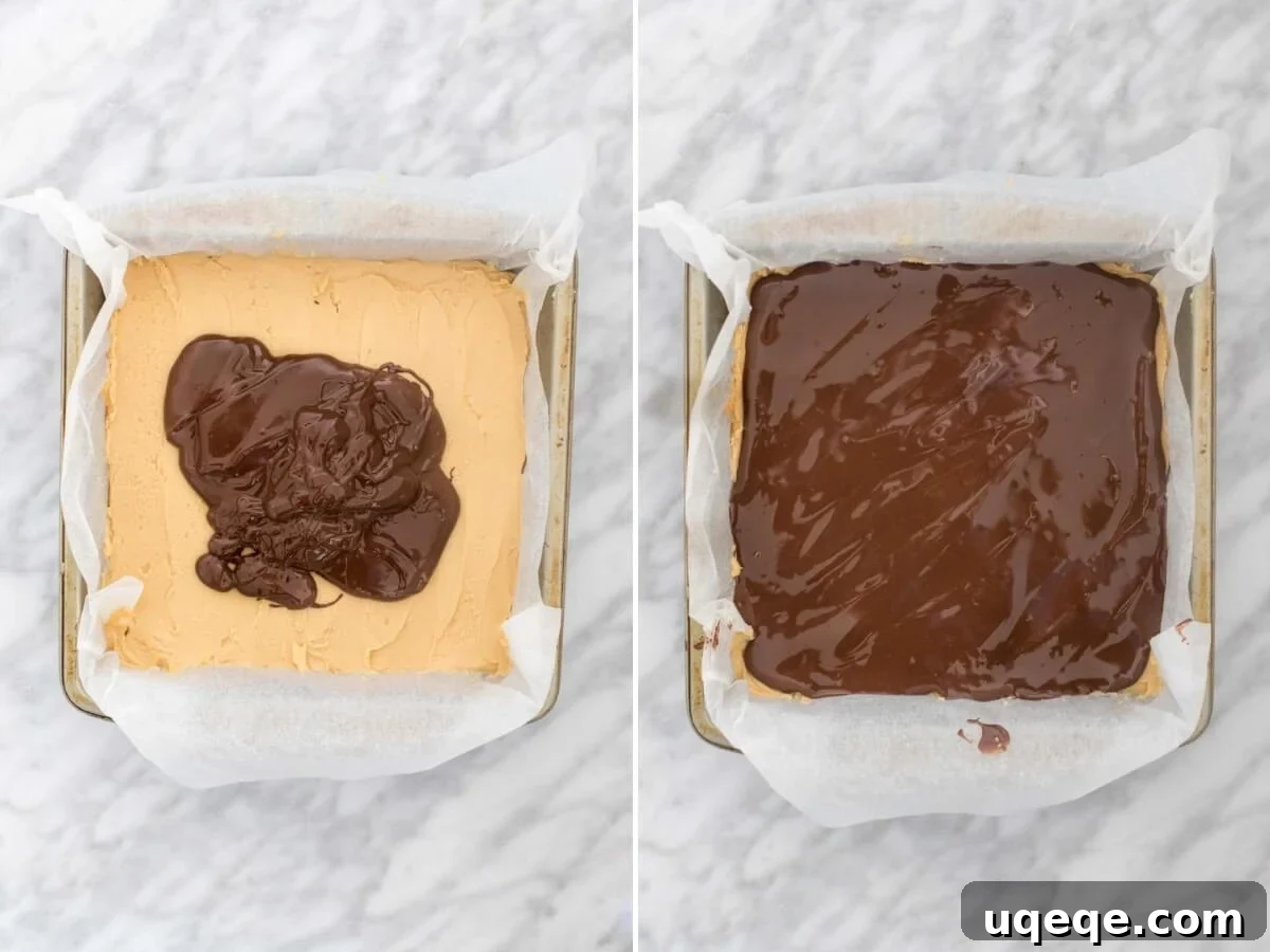 Adding chocolate topping to shortbread peanut butter bars - collage of 2 photos.