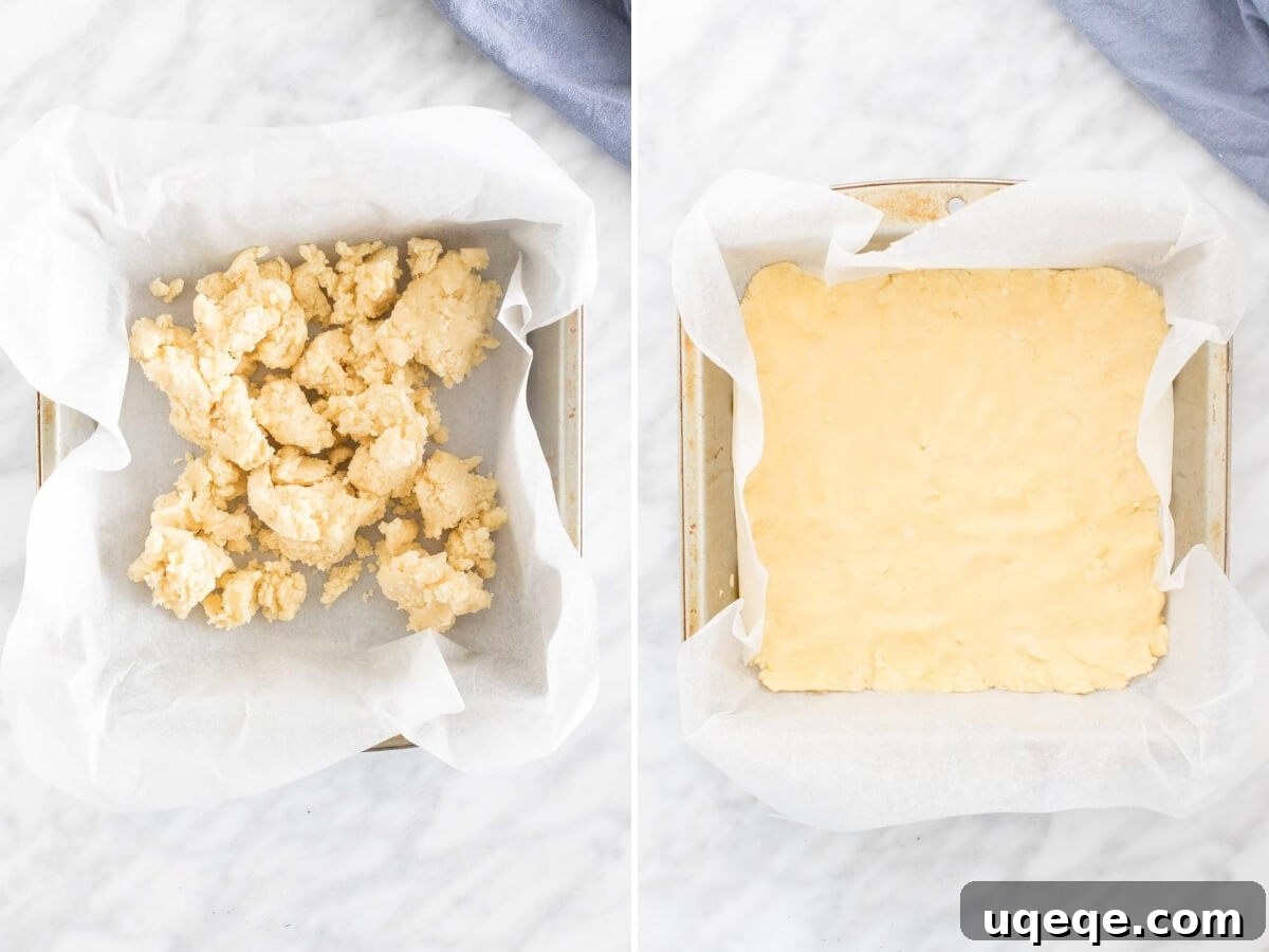 Homestyle Apple Crisp Bars 3 Two-step collage photos illustrating the preparation of the shortbread base for apple crisp bars, showing the dough being pressed into the pan and then a fully baked, golden crust.