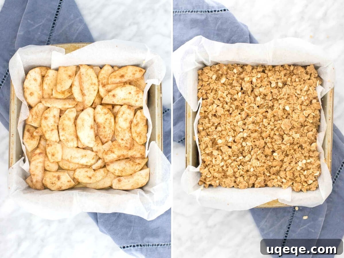 Homestyle Apple Crisp Bars 4 Collage showing the thinly sliced apple layer evenly spread over the shortbread base, and then topped with the oatmeal crumble, ready for baking.