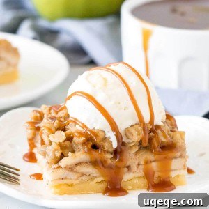 Apple crisp bar with a scoop of ice cream and caramel drizzle on top.