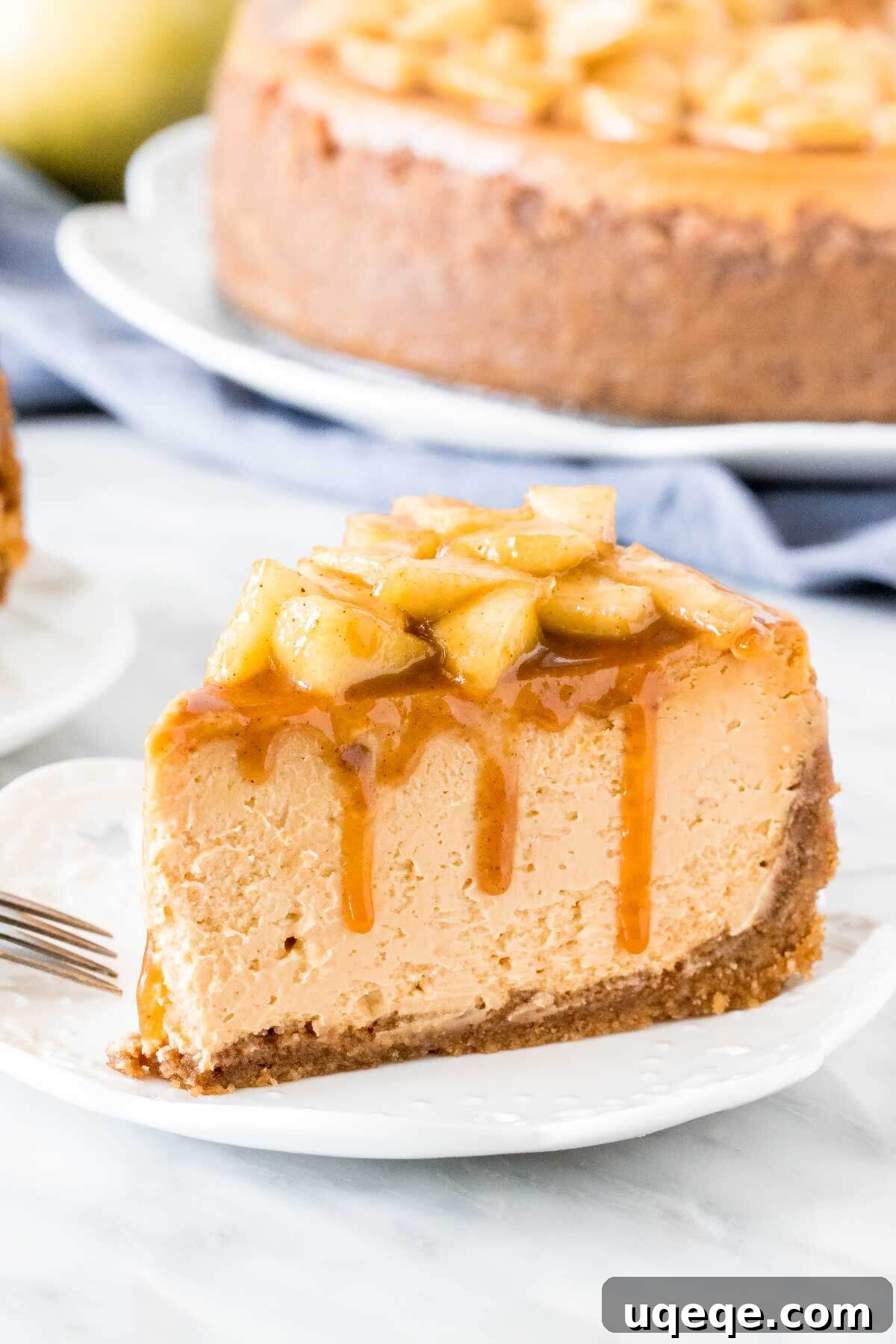 A perfectly sliced piece of caramel apple cheesecake on a white plate, showcasing the distinct layers of crust, caramel cheesecake, and cinnamon apple topping.