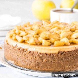 Round cheesecake topped with chopped cinnamon apples on a plate.