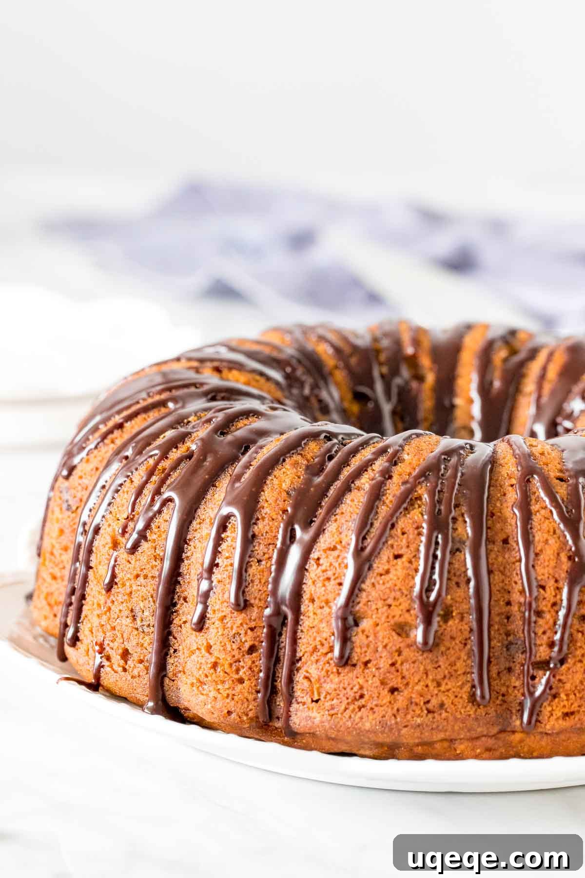 Fall Harvest Chocolate Dream Cake 3 Pumpkin bundt cake cooling on a wire rack, drizzled with chocolate ganache.