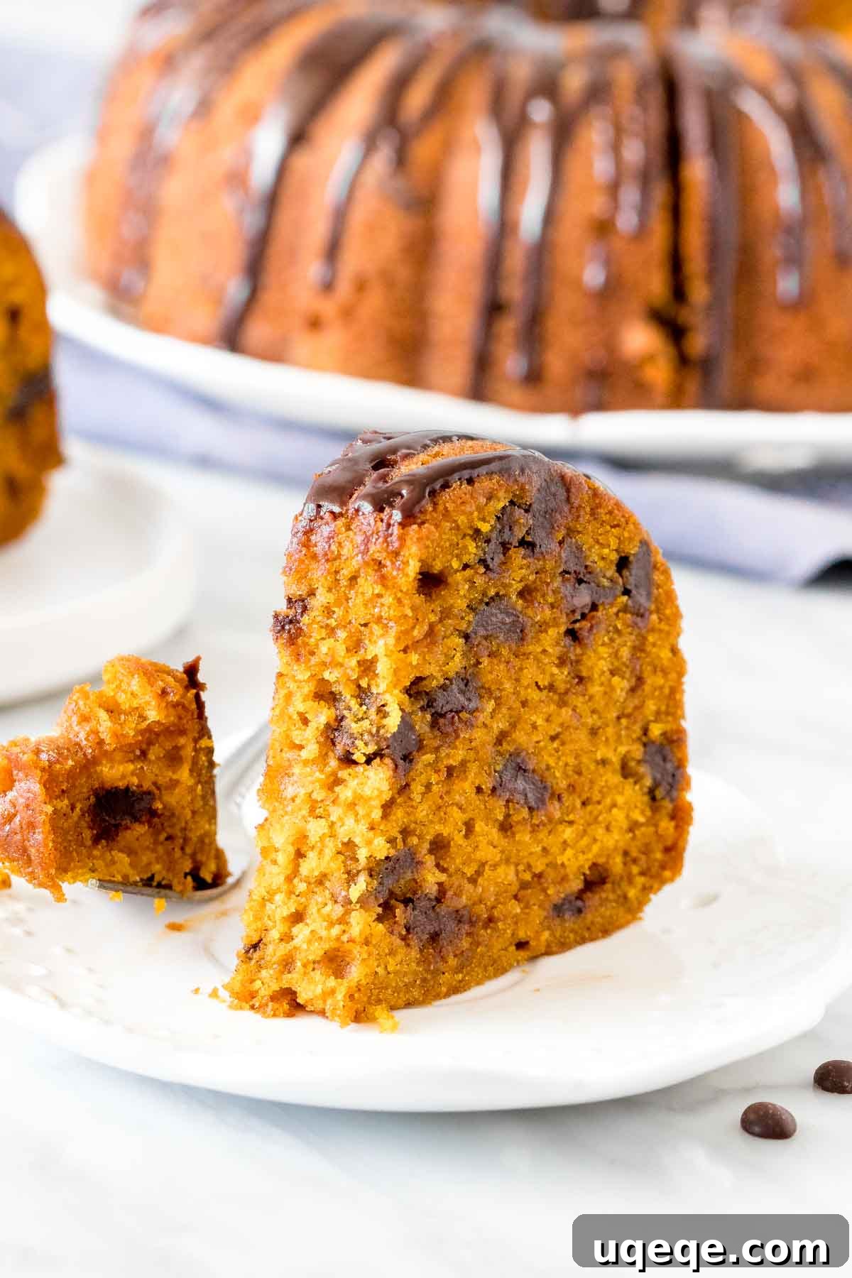 Fall Harvest Chocolate Dream Cake 4 Slice of bundt cake with a bite taken out, showing the rich chocolate chips and moist texture.