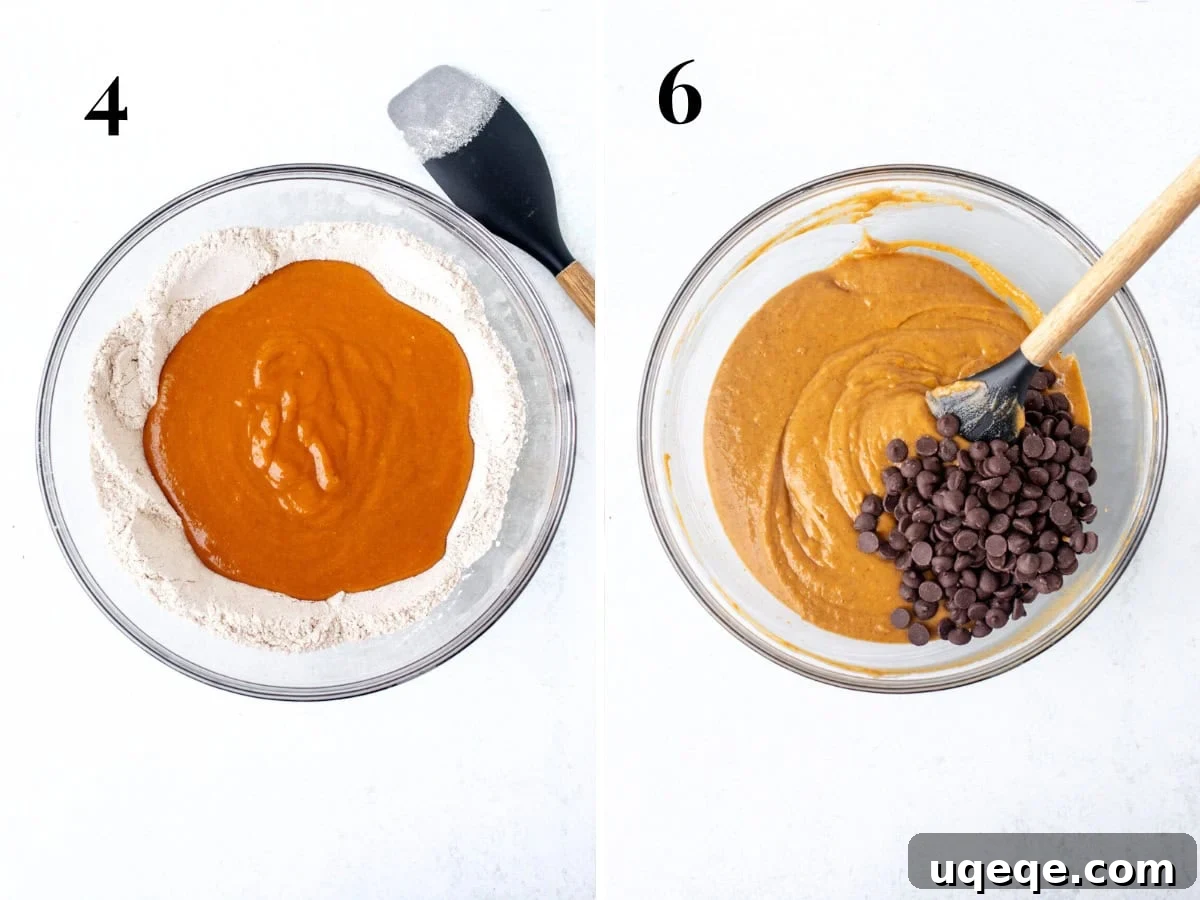 Spiced Pumpkin Chocolate Chip Bread 5 Steps showing wet ingredients being poured into dry ingredients, followed by the pumpkin bread batter with chocolate chips thoroughly mixed, ready for baking.