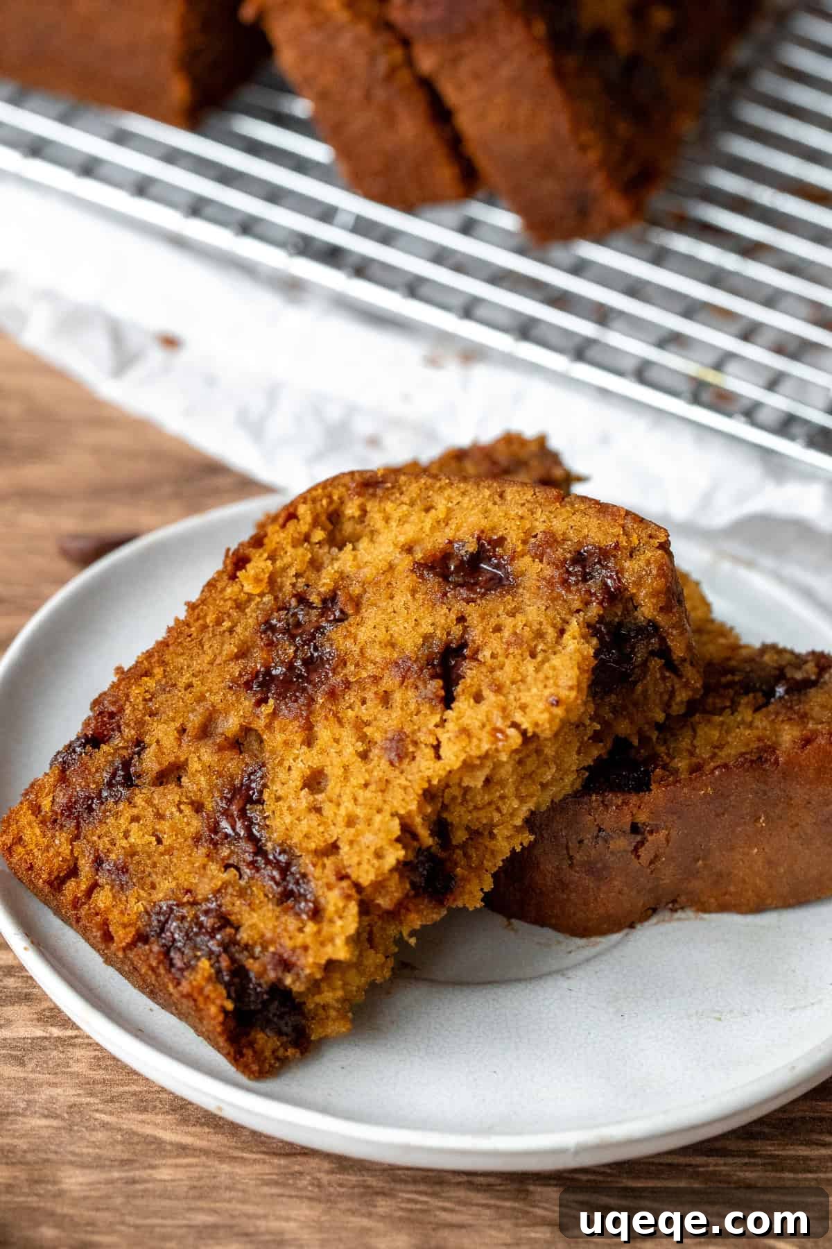 Spiced Pumpkin Chocolate Chip Bread 7 A perfectly baked slice of pumpkin loaf broken in half on a plate, showcasing its fluffy texture and the delicious chocolate chips within.
