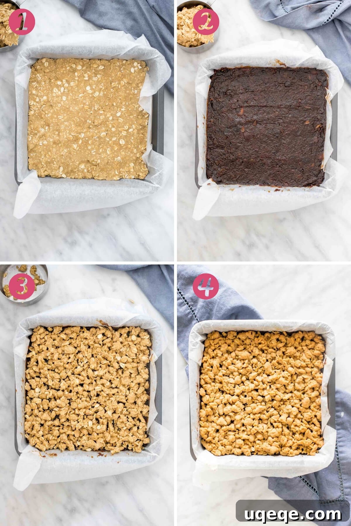 Golden Date Crumb Bars 4 Four step-by-step photos illustrating the process of making date squares: mixing ingredients, preparing the date filling, pressing the base, and topping with crumble.