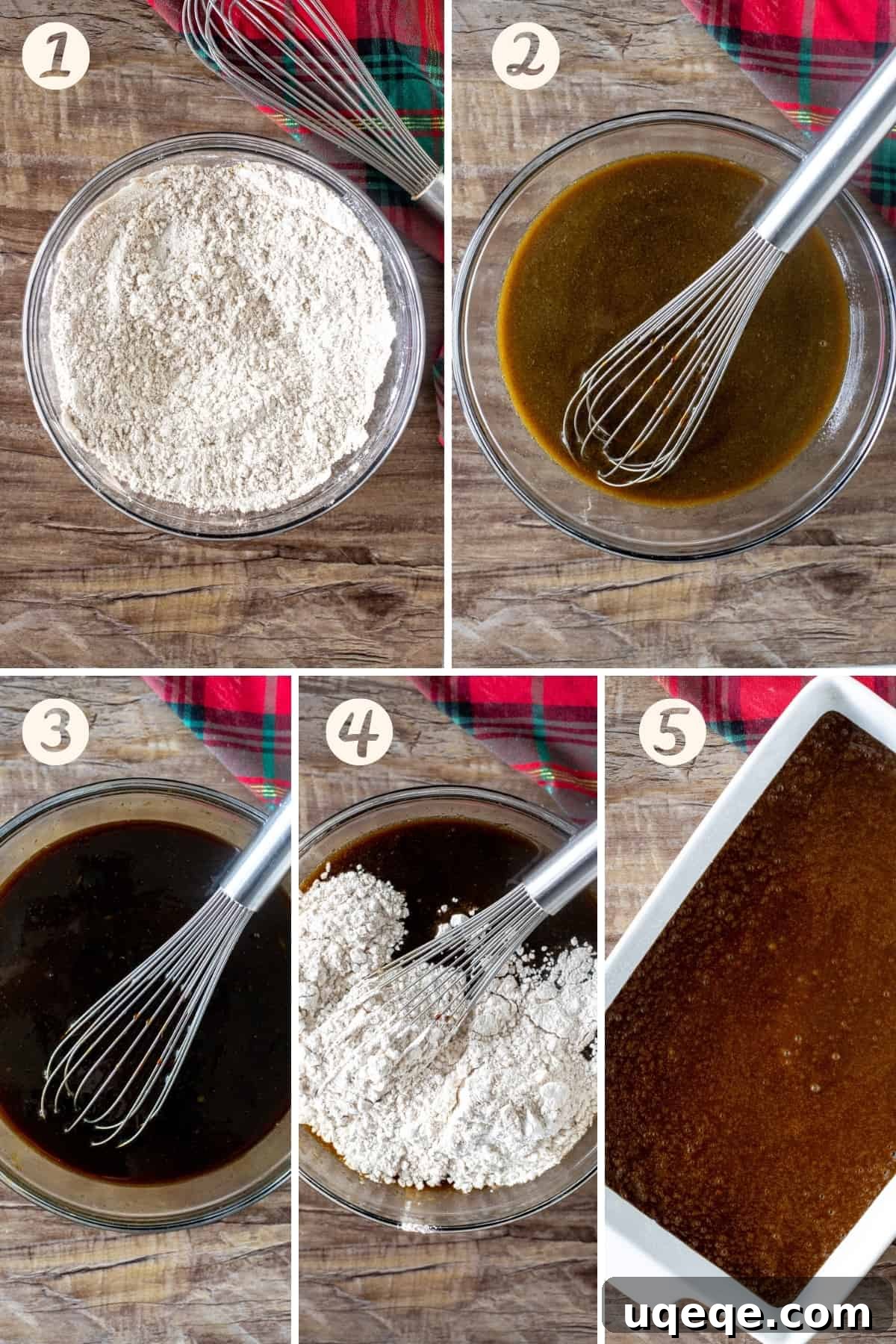 Gingerbread Dreams 3 Five step-by-step photos showing the process of making gingerbread cake, from mixing ingredients to the final batter in a pan.