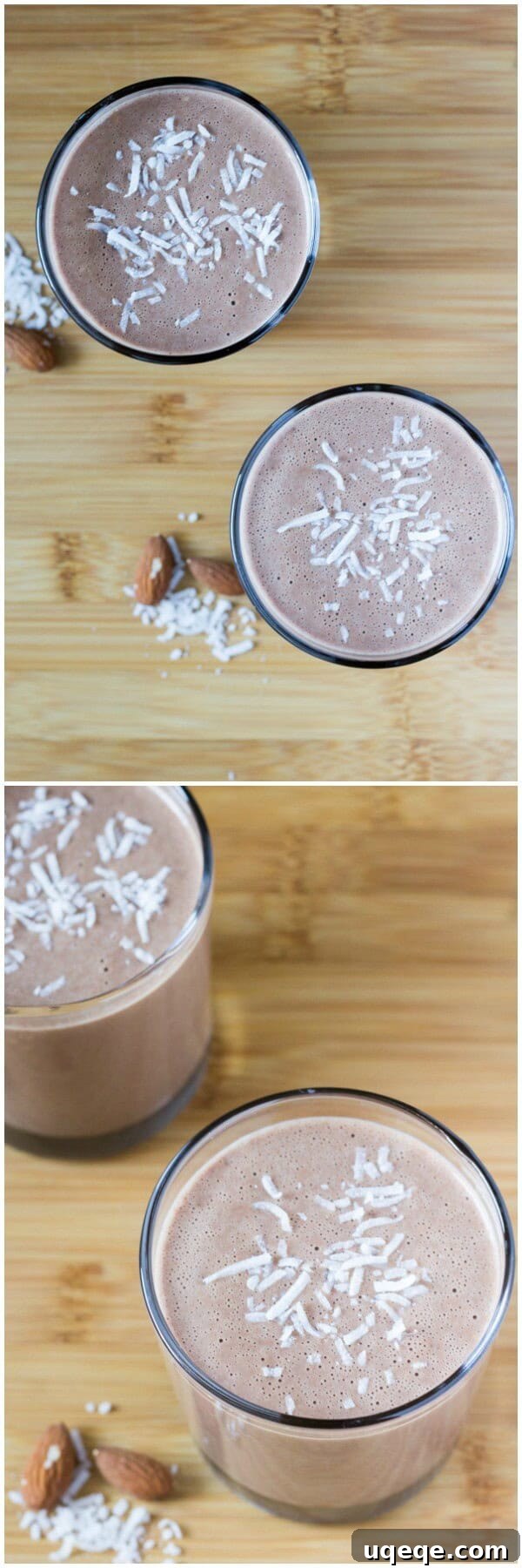 A close-up shot of a healthy chocolate almond coconut shake, emphasizing its creamy texture and delicious appeal. Perfect for a dairy-free, gluten-free, sugar-free, and vegan diet.