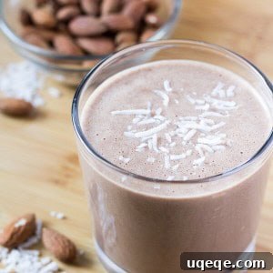 Chocolate, almonds & coconut come together in this deliciously healthy breakfast shake. Plus - it's dairy free, sugar free, gluten free & vegan.