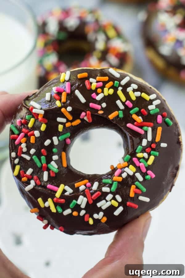 Fluffy Vanilla Baked Doughnuts with Decadent Chocolate Glaze 2 Deliciously moist baked vanilla doughnuts with a thick chocolate glaze and colorful sprinkles, perfect for a quick and easy homemade treat without deep frying.