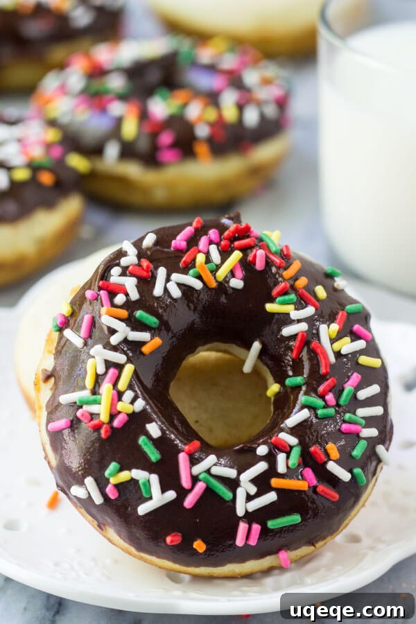 Fluffy Vanilla Baked Doughnuts with Decadent Chocolate Glaze 4 Three baked vanilla doughnuts with chocolate glaze, two topped with rainbow sprinkles, on a cooling rack, highlighting their moist texture and generous glaze.