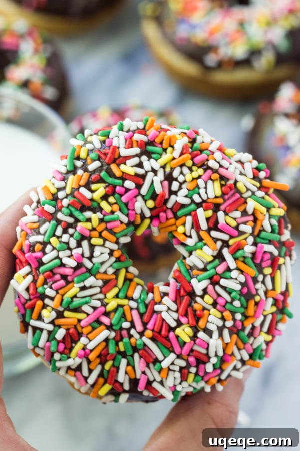 Fluffy Vanilla Baked Doughnuts with Decadent Chocolate Glaze 5 A close-up of a baked vanilla cake doughnut fully dipped in vibrant rainbow sprinkles, showcasing a playful and indulgent topping.