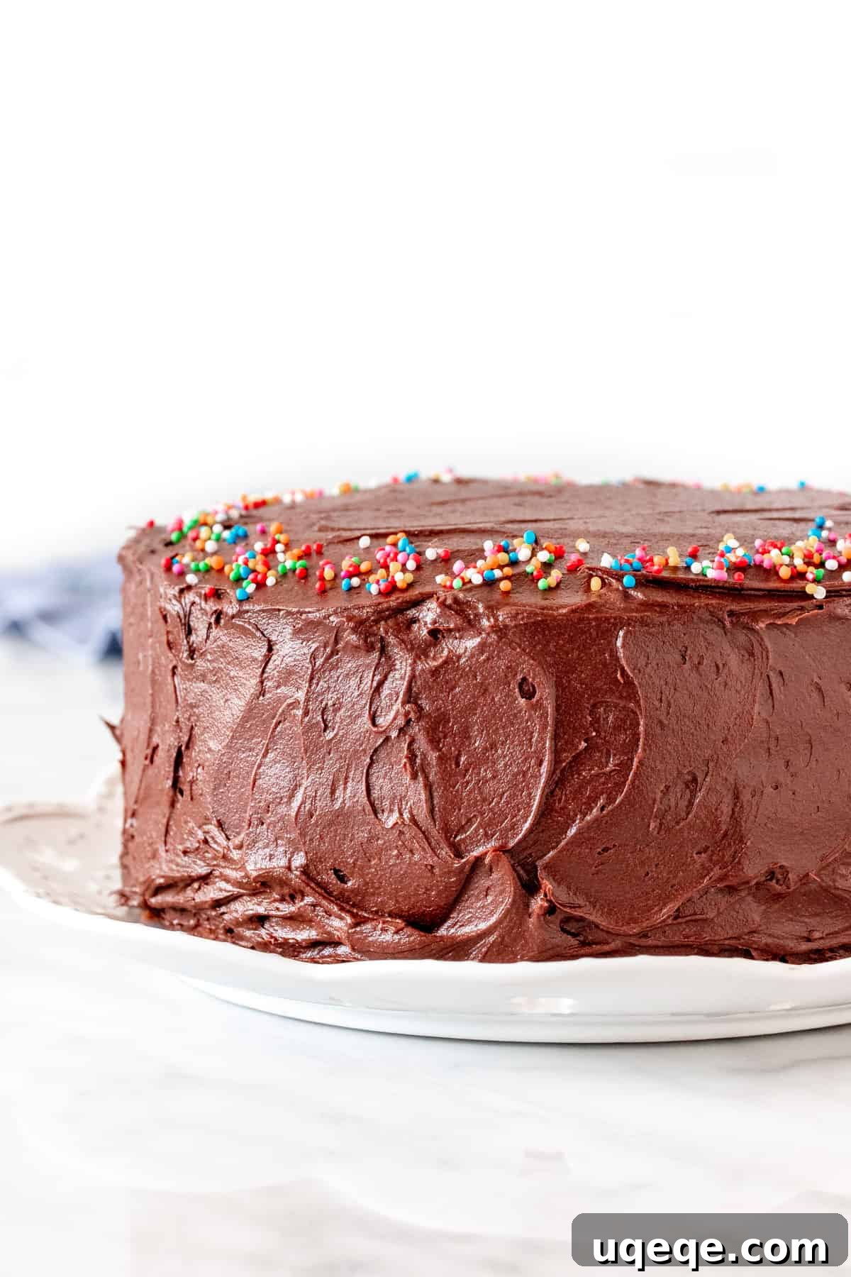 Timeless Birthday Treat 2 Round layer cake with chocolate frosting, ready to be sliced