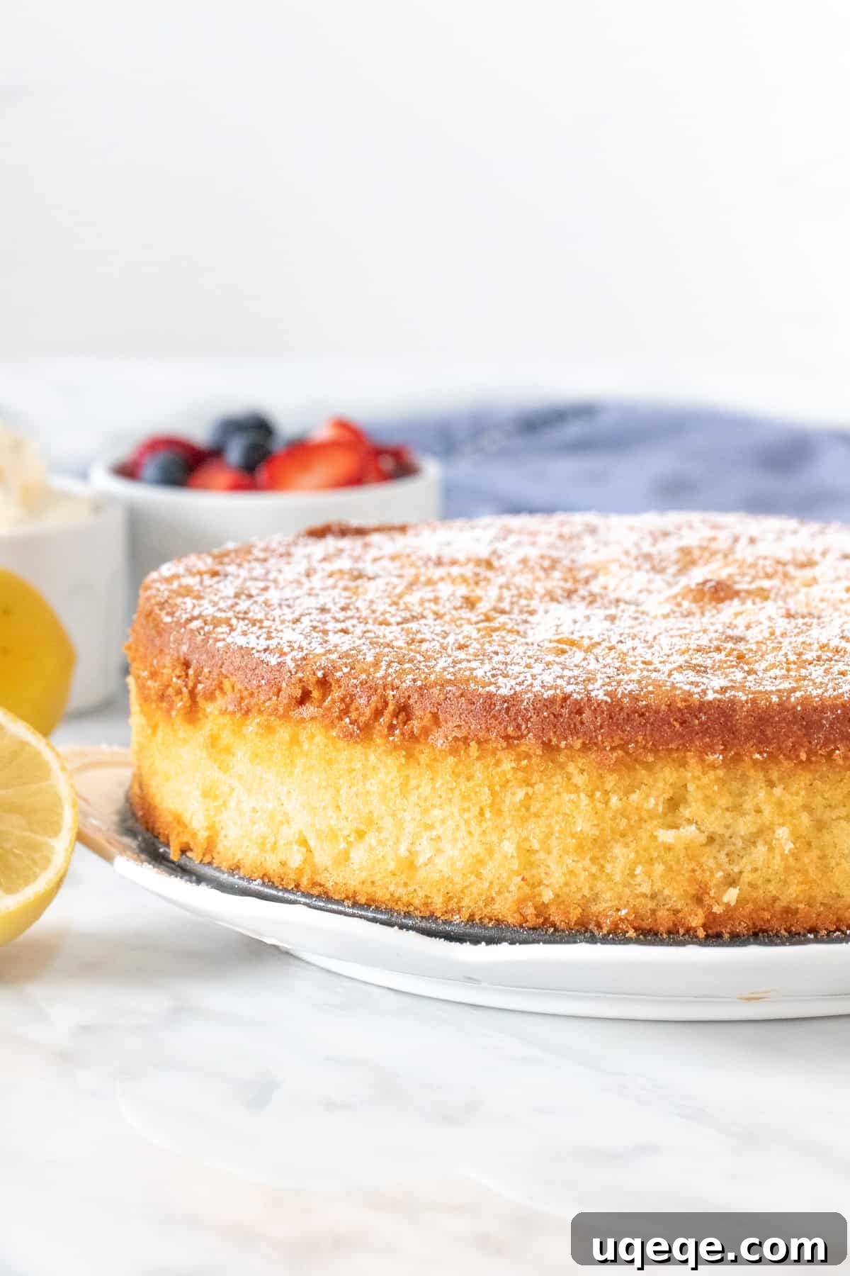 Sun-Kissed Lemon Olive Oil Cake 2 A 9-inch round lemon olive oil cake, delicately dusted with powdered sugar, ready to be served.