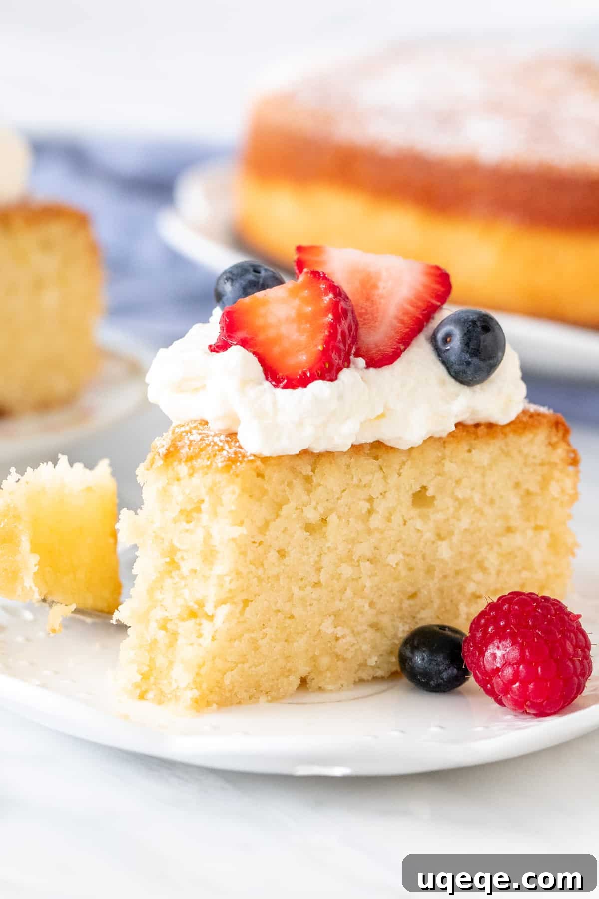 Sun-Kissed Lemon Olive Oil Cake 3 A delectable slice of lemon olive oil cake, artfully topped with fresh whipped cream and vibrant mixed berries, inviting a delightful taste.