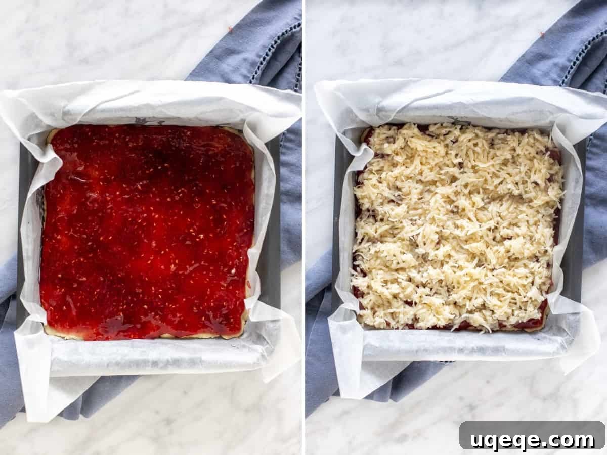 Raspberry Coconut Delights 4 Collage of two photos showing the process of making raspberry coconut bars: mixing the coconut topping and spreading it over the jam layer.