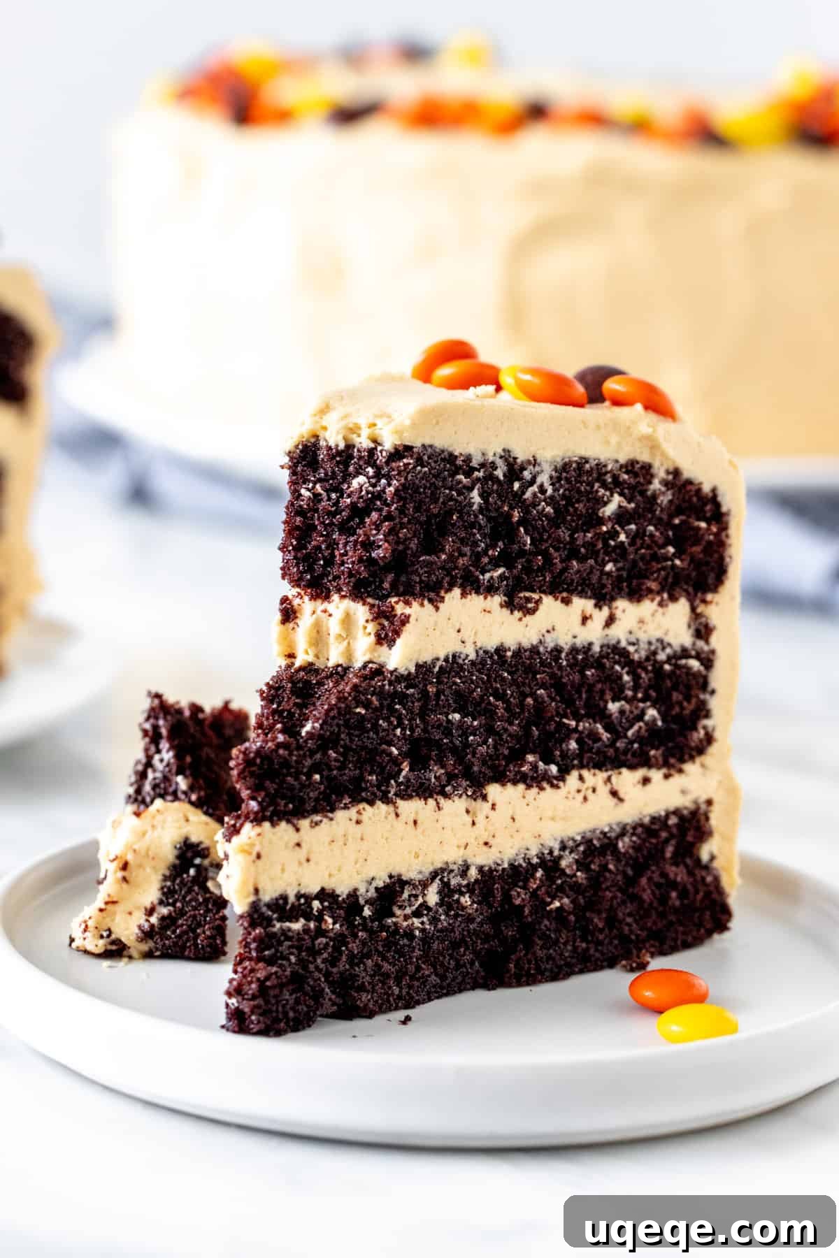 Decadent Chocolate Peanut Butter Dream Cake 2 A delectable slice of chocolate peanut butter cake with a bite taken out, showcasing moist chocolate layers and creamy peanut butter frosting.