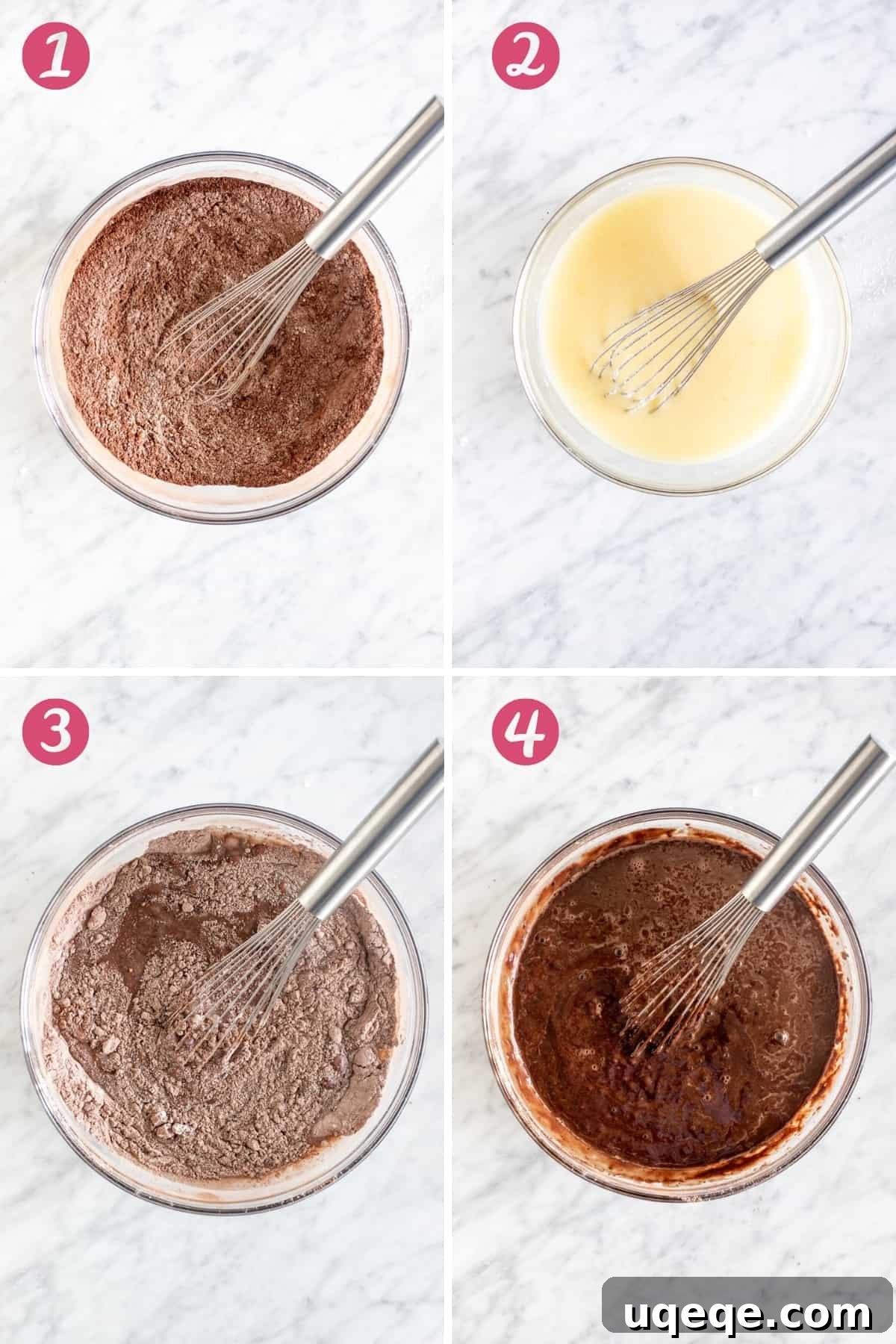 Decadent Chocolate Peanut Butter Dream Cake 3 A four-step photographic guide demonstrating the process of making smooth chocolate cake batter.