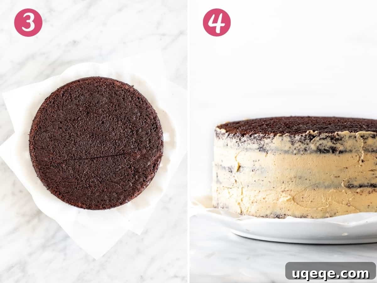 Decadent Chocolate Peanut Butter Dream Cake 5 A collage showing two stages of assembling a chocolate peanut butter layer cake, from stacking layers to applying the crumb coat.