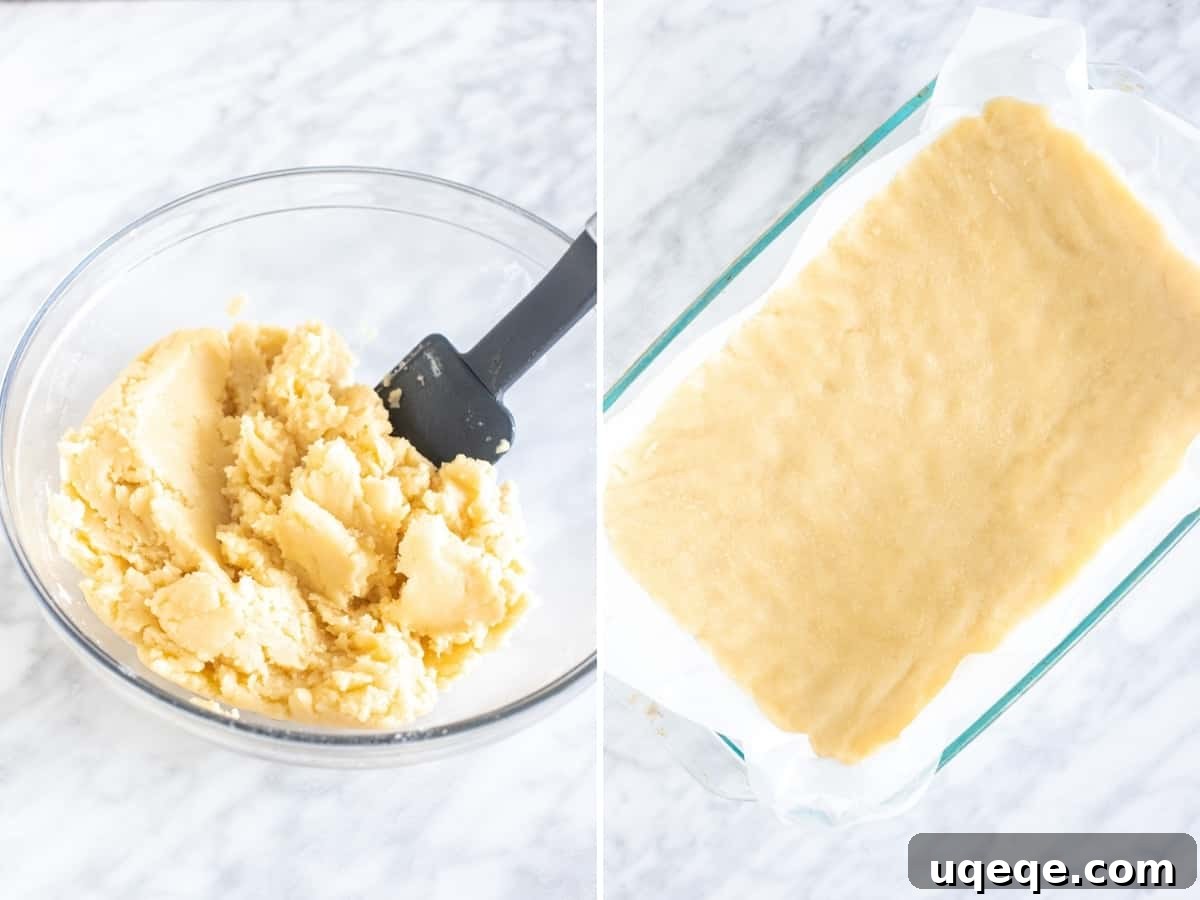 A two-step photo collage showing how to prepare the shortbread crust for lemon bars, from mixing ingredients to pressing into a pan.