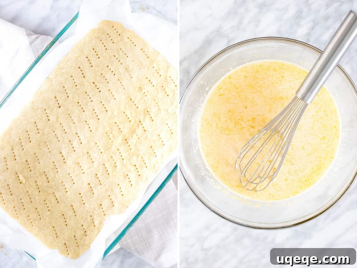Collage of two images illustrating the process of making lemon bars: preparing the lemon filling and pouring it over the pre-baked shortbread crust.