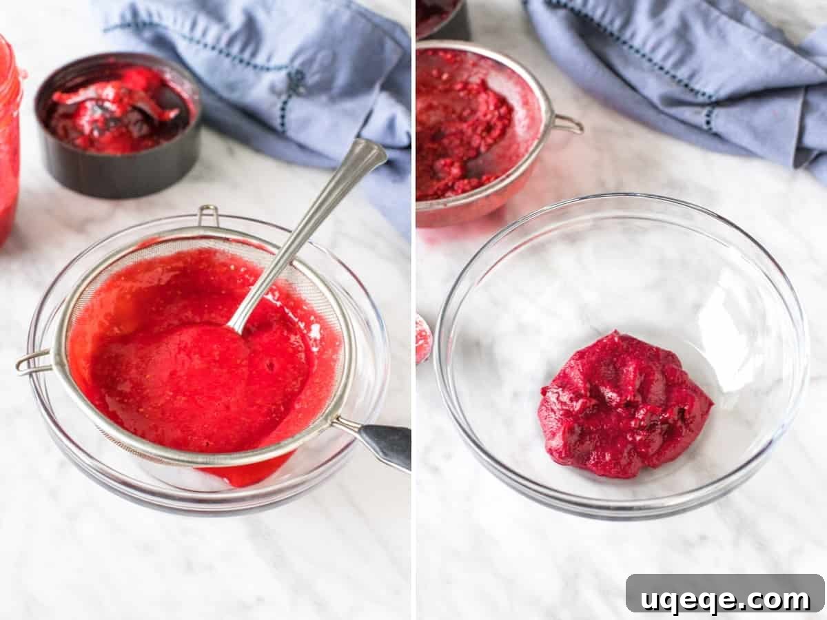 Sunshine Lemon Raspberry Bars 5 Two side-by-side photos showing raspberry puree: one watery and one thickened after boiling.