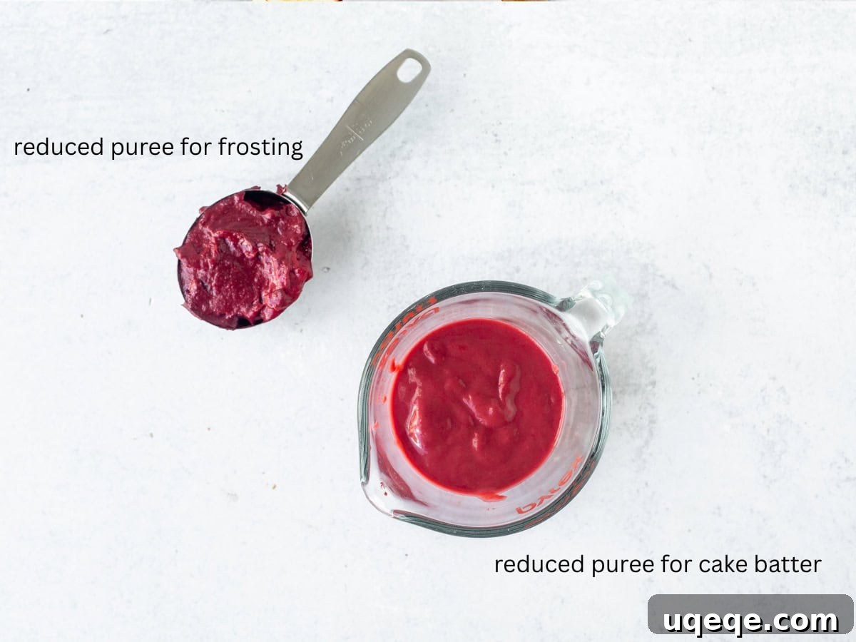 Sweet Strawberry Dream Cake 4 Two measuring cups, one with liquid reduced strawberry puree for cake batter, and another with thicker, jam-like reduced strawberry puree for strawberry frosting.