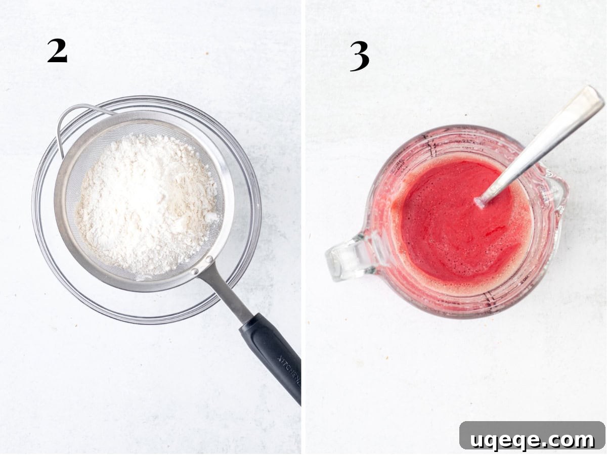 Sweet Strawberry Dream Cake 5 Separately prepared dry ingredients (flour, baking powder, baking soda, salt) in a bowl and wet ingredients (oil, milk, strawberry puree, vanilla, food coloring) in a liquid measuring cup.