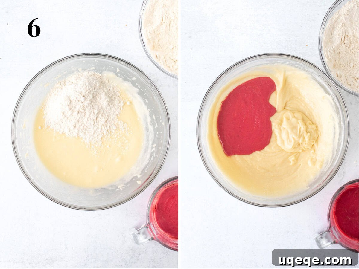 Sweet Strawberry Dream Cake 7 Images showing the process of alternately adding dry ingredients and wet strawberry mixture into the creamed butter and sugar for cake batter.