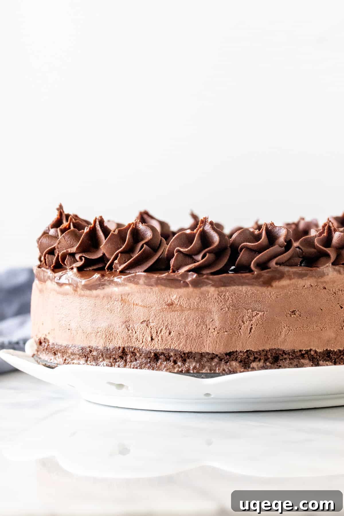 Frozen Chocolate Indulgence 3 Full chocolate ice cream cake with brownie base and chocolate frosting swirls