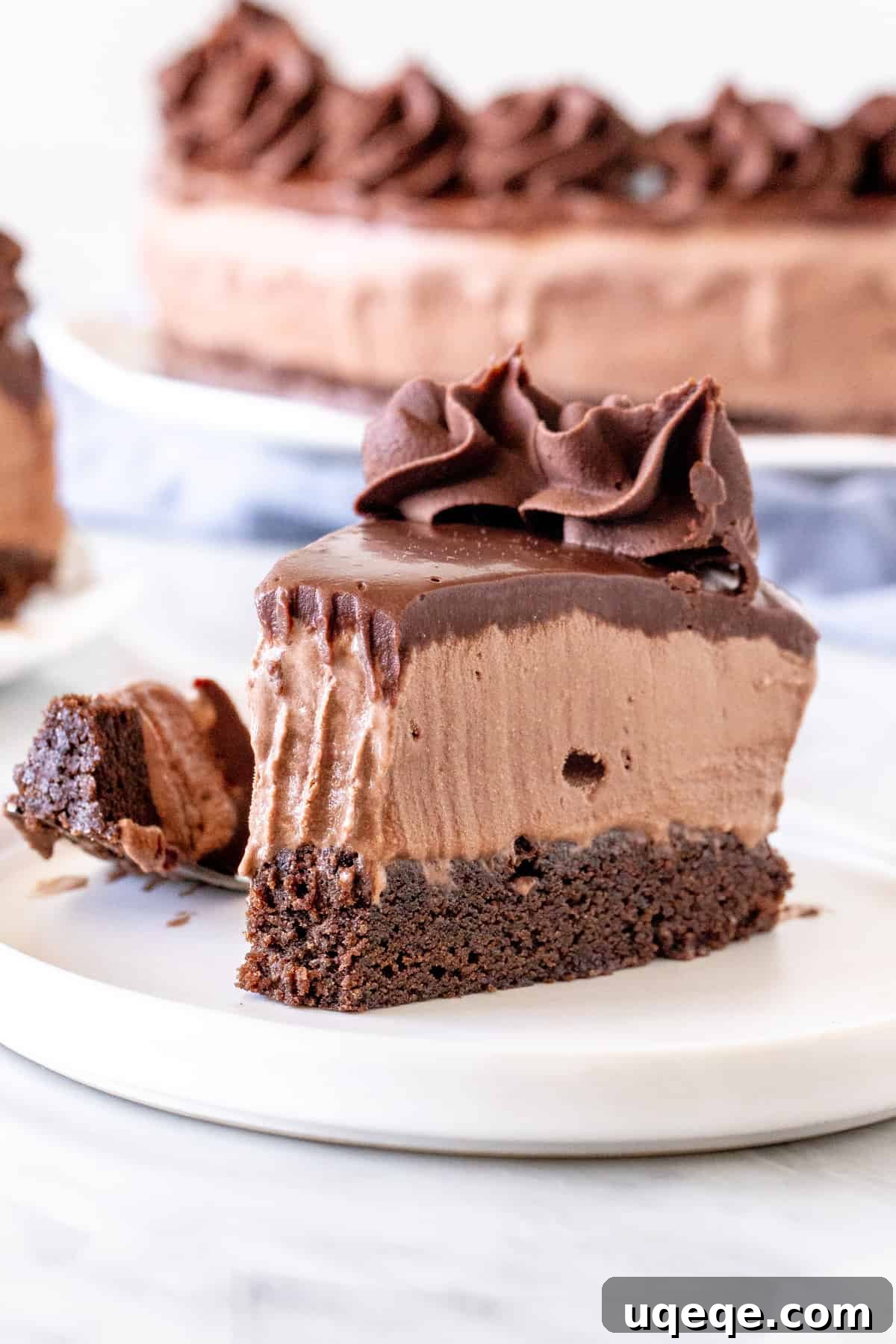 Frozen Chocolate Indulgence 5 Slice of ice cream cake with a bite taken out, showing distinct layers