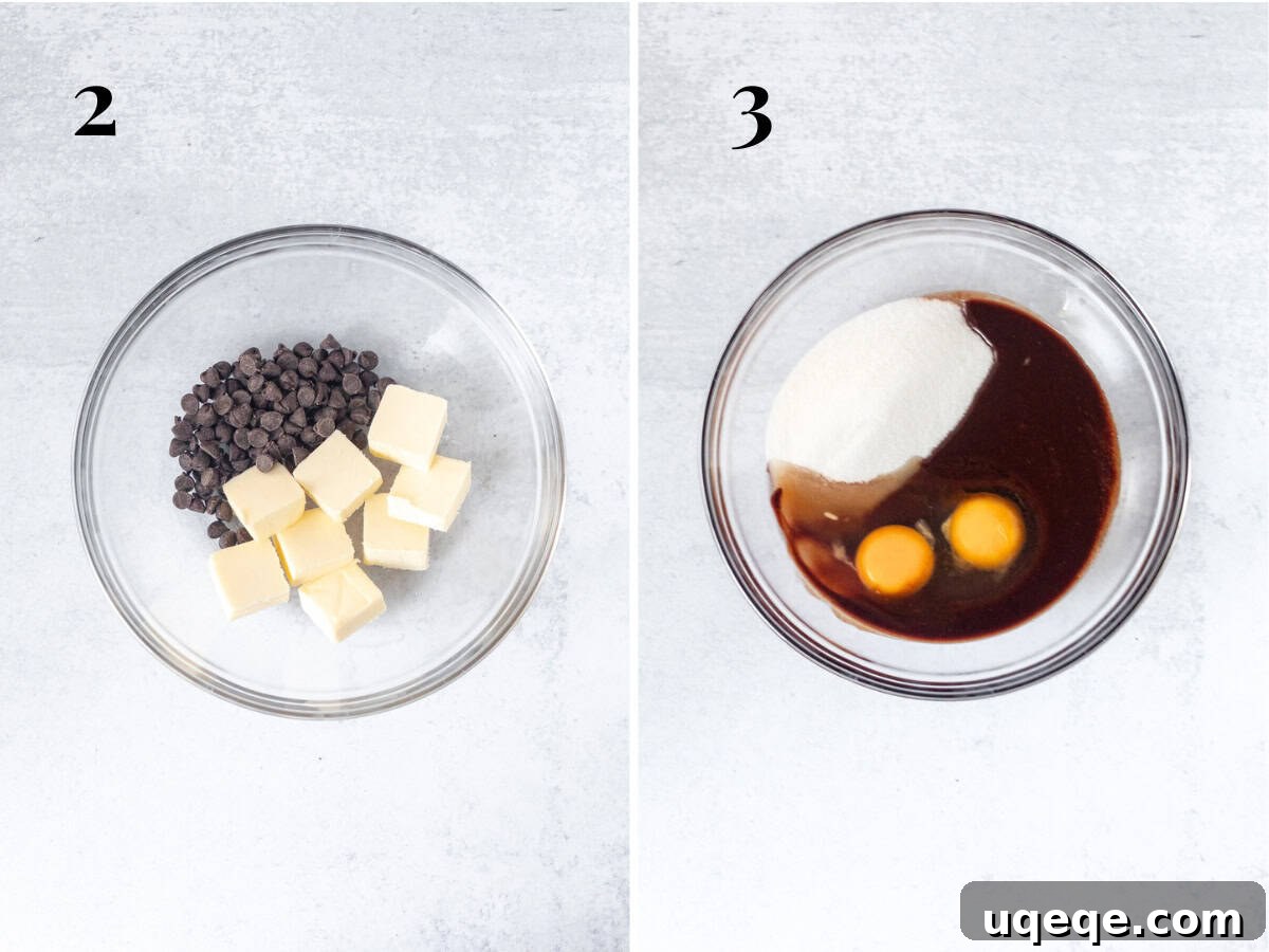 Ultimate Cookie Brownie Bars 5 Two bowls demonstrating initial brownie steps: one with butter and chocolate before melting, and the other with the smooth, glossy mixture after sugar, eggs, and vanilla are incorporated.