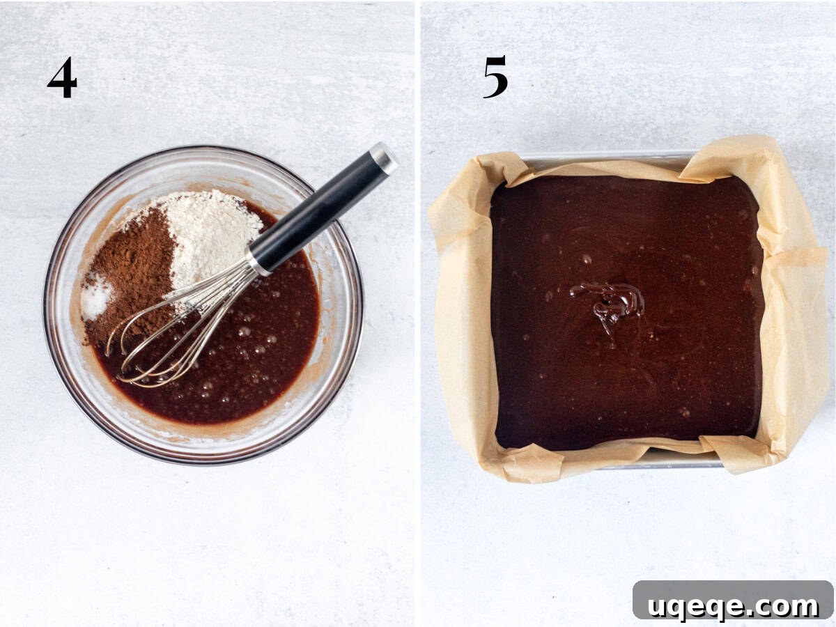 Ultimate Cookie Brownie Bars 6 A mixing bowl with brownie batter after dry ingredients are incorporated, and the brownie batter neatly spread in the baking pan, ready for the oven.
