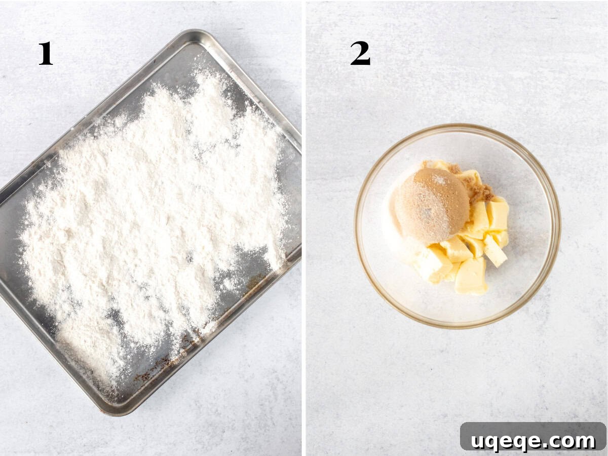 Ultimate Cookie Brownie Bars 7 A baking sheet with heat-treated flour cooling, alongside a bowl containing creamed butter and sugars, ready for the next cookie dough steps.
