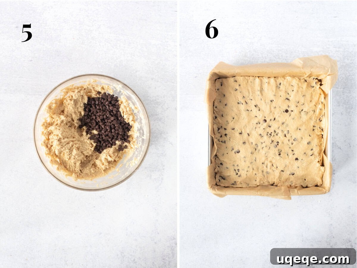 Ultimate Cookie Brownie Bars 9 A bowl of freshly made edible cookie dough, and a pan with the cookie dough pressed into an even layer over the cooled brownie base.