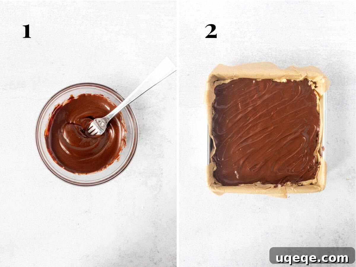 Ultimate Cookie Brownie Bars 10 The final step: pouring and smoothly spreading the glossy chocolate topping over the cookie dough layer of the brownies.