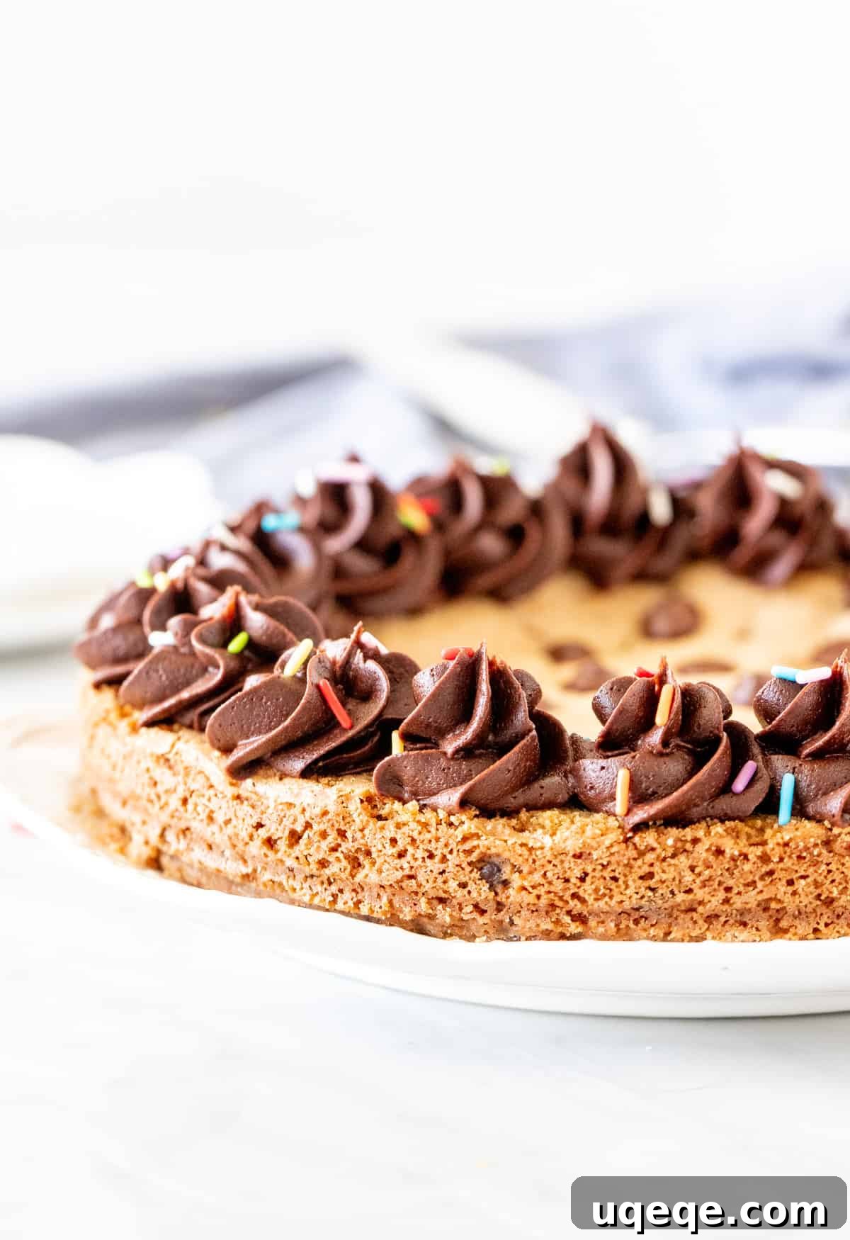 Ultimate Chocolate Chip Cookie Cake 3 A beautifully frosted 9-inch round chocolate chip cookie cake, ready to be sliced and served.