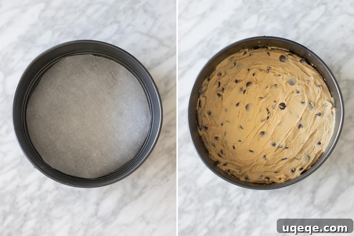 Ultimate Chocolate Chip Cookie Cake 5 A side-by-side comparison showing a greased springform pan lined with parchment paper, next to the same pan with cookie dough evenly spread inside.