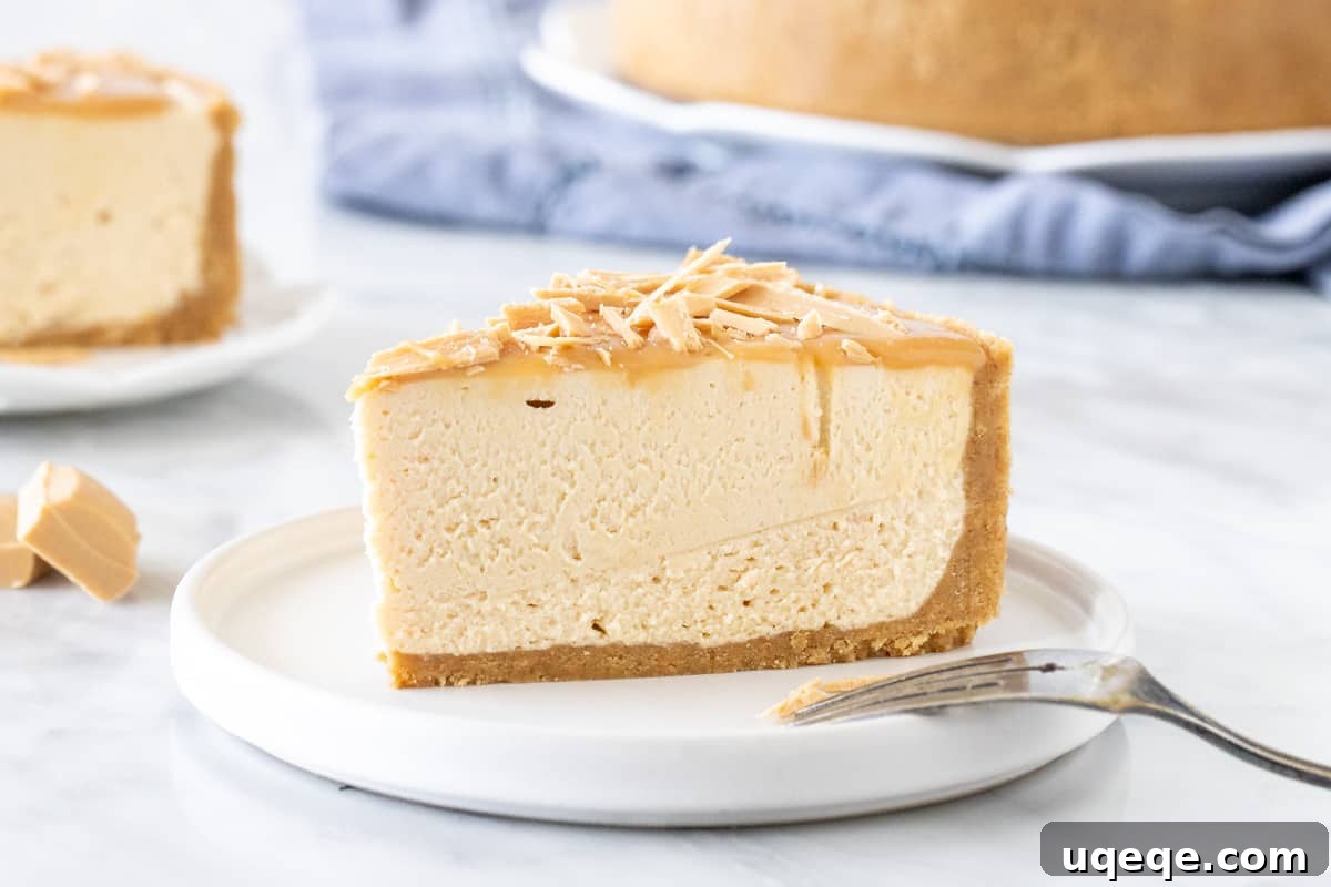 A stunning close-up of a finished no-bake Caramilk cheesecake slice, highlighting its multi-layered texture with a thick, golden biscuit crust and a smooth, creamy filling.
