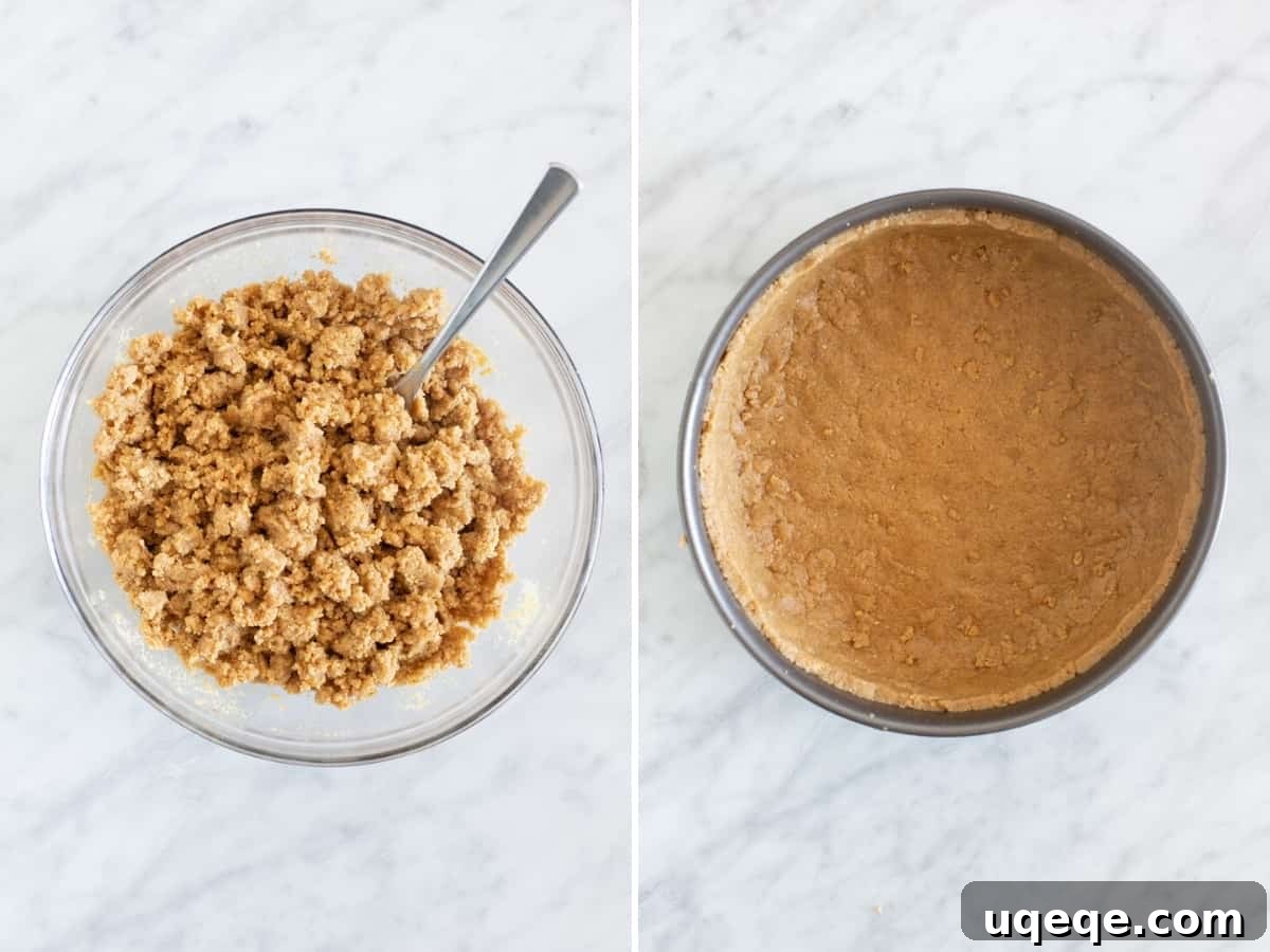 A two-part image collage illustrating the steps for making a cheesecake crust: finely crushed biscuits in one bowl and then mixed with melted butter to achieve the perfect wet sand consistency.