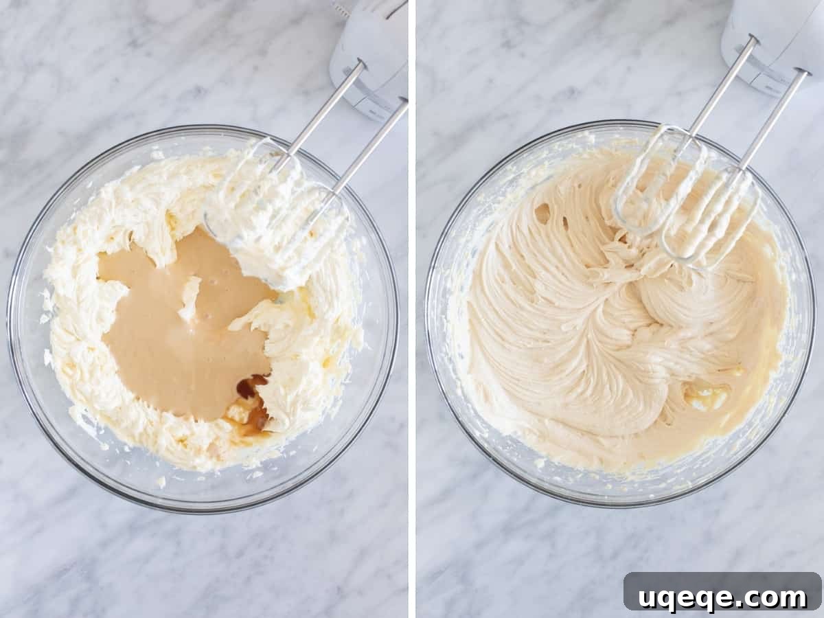 A two-image collage demonstrating the process of making the no-bake cheesecake filling: showing the creamy mixture in a bowl, ready for the next step.