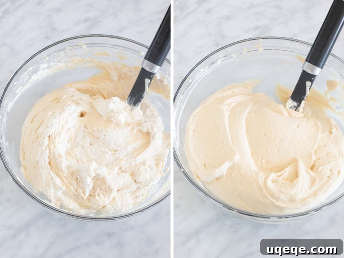 A collage of two photos depicting the final stages of making the no-bake cheesecake filling, showing how the whipped cream is gently folded in until completely smooth and integrated.