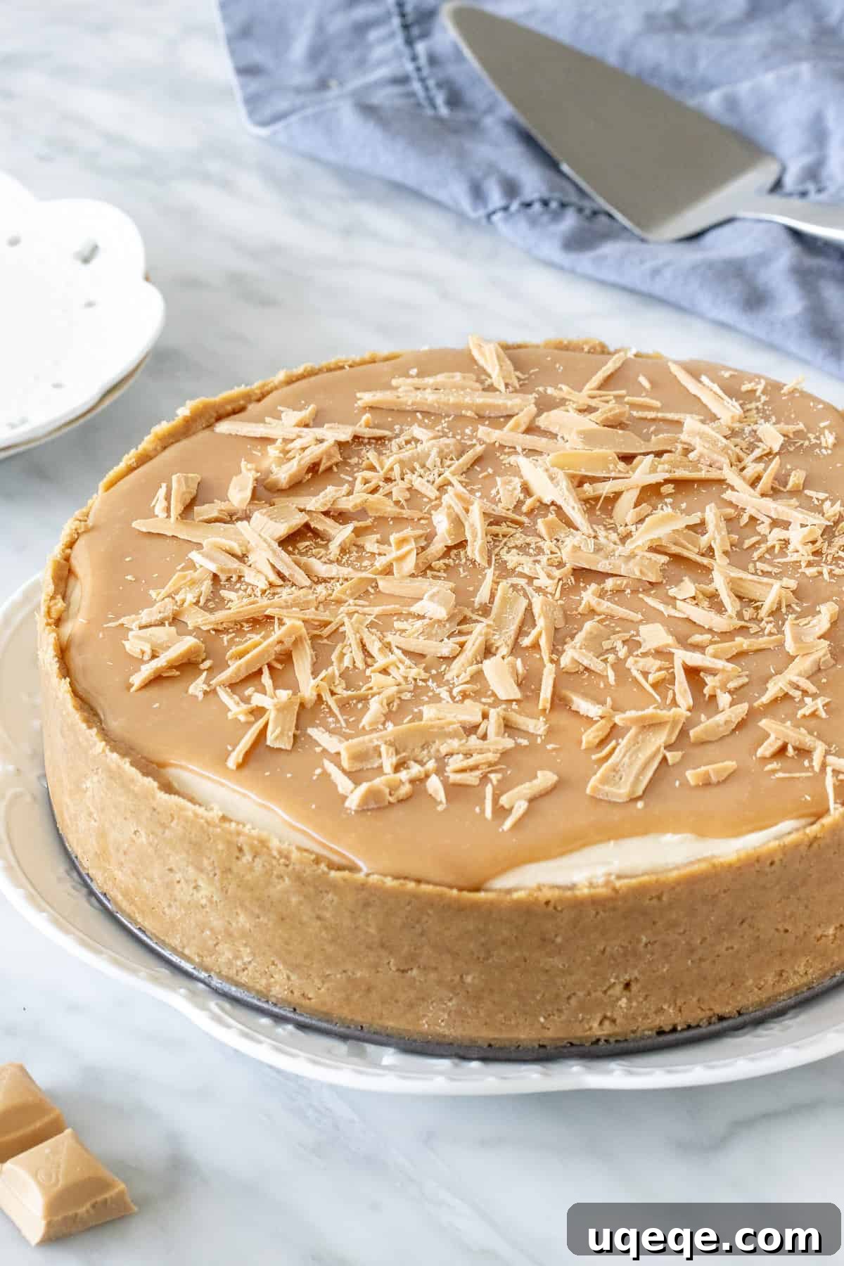 A stunning full view of the finished Caramilk cheesecake, complete with a golden biscuit crust and an artfully decorated Caramilk topping, ready to be sliced and served.